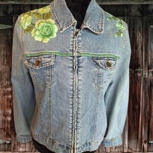 Vintage Embroidered Denim Jacket Western Festival Cowgirl Size L